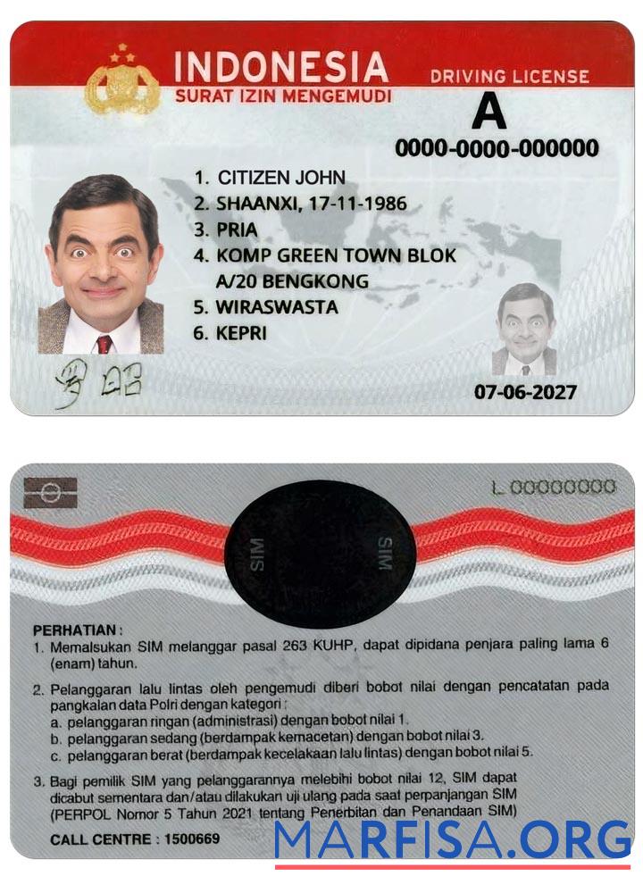 Downloadable Indonesia driving license (2019 – present) real example